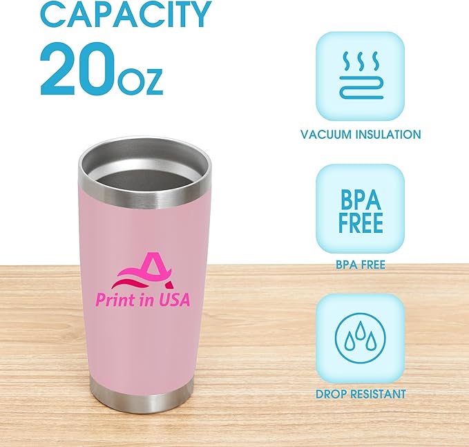 Personalized Custom Print in USA Tumbler 24Pcs 20oz Stainless Steel Double Wall Coffee Cup with Lid & Straw Insulated Tumbler with Colorful Text Logo Photo