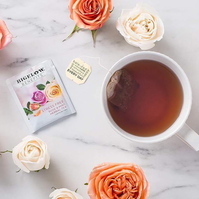 Bigelow Benefits Stress Free Rose & Mint Herbal Tea, Caffeine Free, 18 Count (Pack of 6), 108 Total Tea Bags - Bloomnest