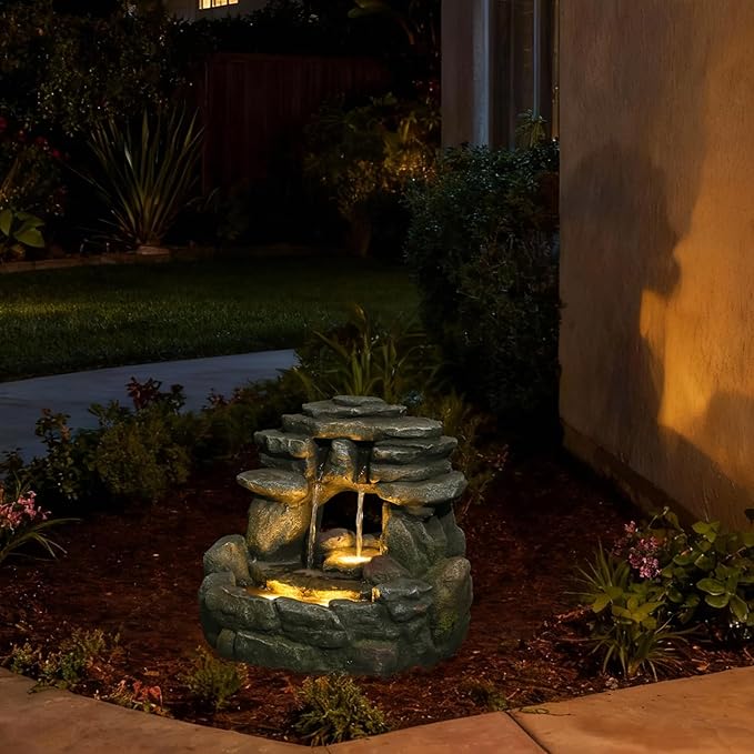 15.6''H Small Rock Water Fountain Outdoor&Indoor, 3-Tier Garden Waterfall with Warm Lights and 2 Flows for Patio, Backyard, Deck, Porch, Home DéCor, Stone Gray - Bloomnest
