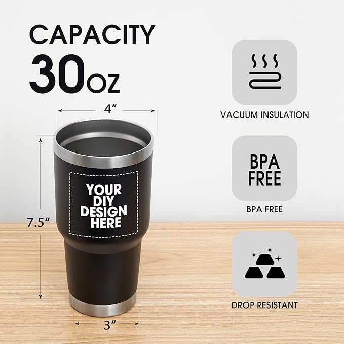 Personalized Custom Tumbler Print in USA 30oz Stainless Steel Coffee Cup with Lid & Straw Double Wall Insulated Tumbler with Colorful Text Logo Photo - Bloomnest