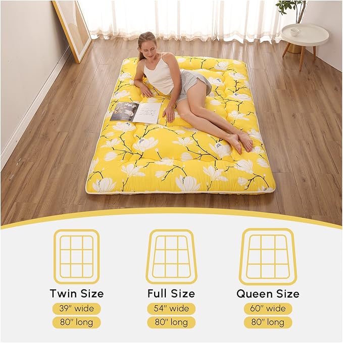Japanese Floor Mattress, Futon Mattress with Portable Storage Bag and Washable Cover, Roll Up Thick Tatami Mat Suitable for Camping, Guest Room, Yellow Flower, Full - Bloomnest
