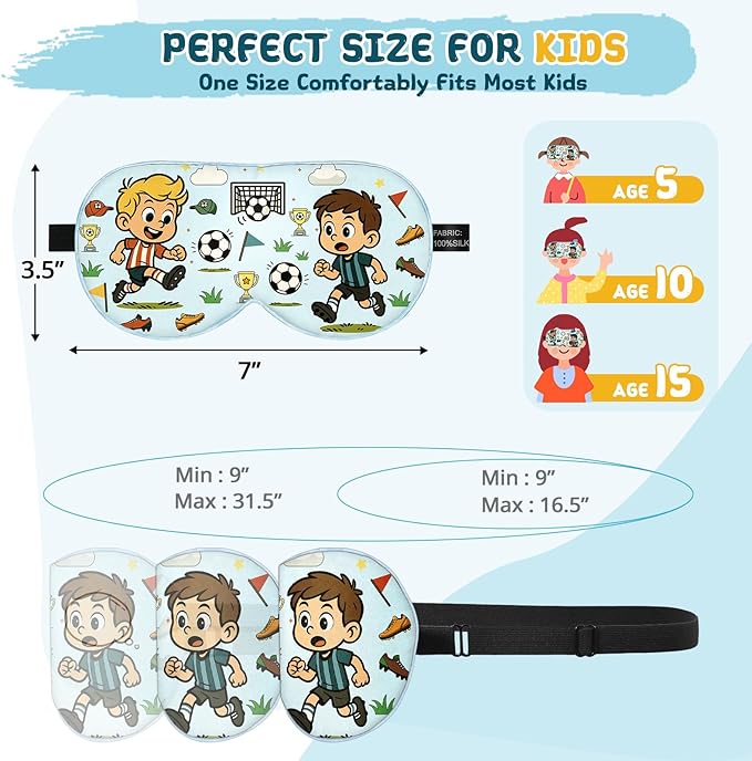 Kids Sleep Mask – 100% Mulberry Silk Eye Mask with Adjustable Strap, Soft Light Blocking Sleeping Mask for Children, Cute Printed Eye Cover for Boys Girls Ages 5-15 (Soccer Style) - Bloomnest