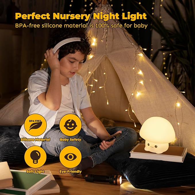 LED Squishy Animal Night Light - 2 Level Dimmable Nursery Lamp for Kids, Rechargeable Touch Lamp, Cute Dorm Decor - Perfect Baby Boys Girls Gift (Cartoon Mushroom) - Bloomnest