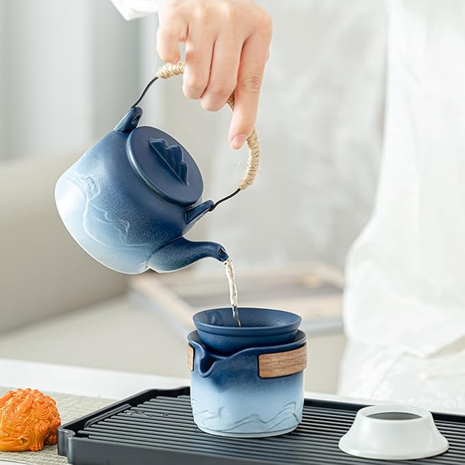 ICHAG Chinese Tea Set, Japanese Tea Sets for Adults, 15-Piece Porcelain Gongfu Tea Set with Tea Pet & Tea Tray, Japanese Teapot Set, Travel Tea Party Set, for Home/Office/Outdoor/Gifts (Blue) - Bloomnest