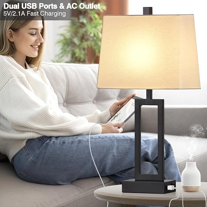 23.5" Touch Control Table Lamps Set of 2, Bedside Lamp with 2 USB Ports & AC Outlet, 3-Way Dimmable Nightstand Lamp with White Linen Shade for Living Room Bedroom End Table Office(2 LED Bulb Included) - Bloomnest