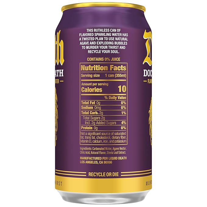 Liquid Death Soda-Flavored Sparkling Water - Doctor Death (Cherry, Cream, Spice), Less Sugar*, Huge Flavor, No Caffeine, No Artificial Sweeteners, 12 Fl Oz (Pack of 12) - Bloomnest