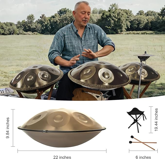 Handpan Drum 22 Inches D Minor Kurd, 432Hz 10 Notes Hand Drum Instrument, Premium Steel Drum, Handpan Instrument for Adults (Gold) - Bloomnest