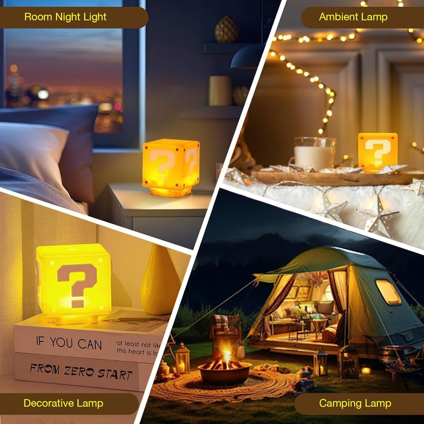 TLAOTNIY Super Bros Mini Question Block Night Lights - USB Powered Bedside Lamp with Game Sound Effects - Gift for Friends & Fans