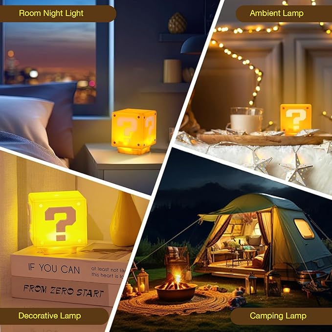 TLAOTNIY Super Bros Mini Question Block Night Lights - USB Powered Bedside Lamp with Game Sound Effects - Gift for Friends & Fans - Bloomnest