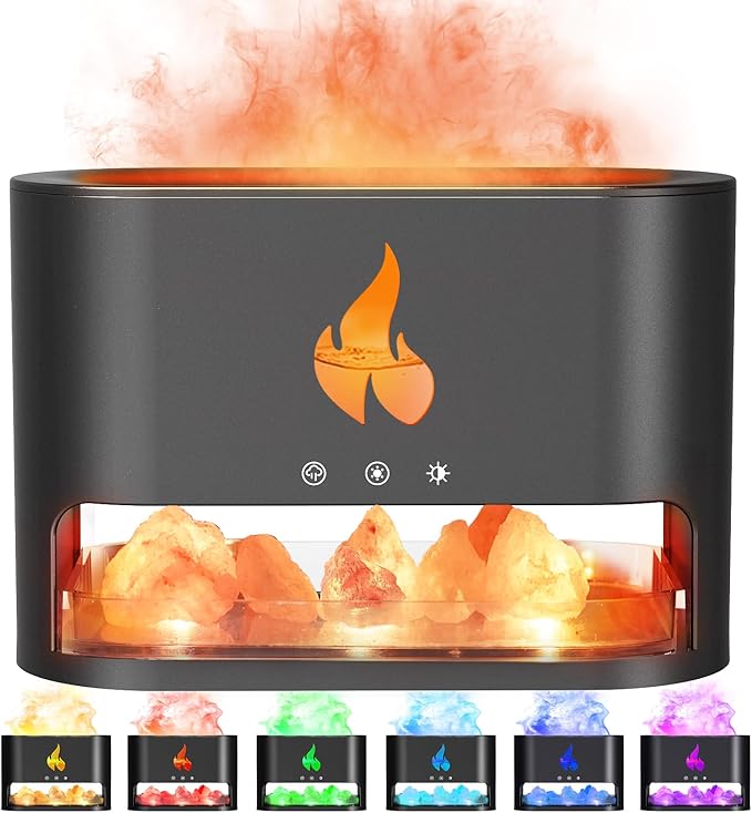 Essential Oil Diffuser, Fireplace Flame Fire Oil Diffuser, 250ml Himalayan Salt Lamp Diffuser, Cool Mist Aromatherapy Humidifier with 7 Colors Light, Timer & Auto-Off for Home, Room (Black) - Bloomnest