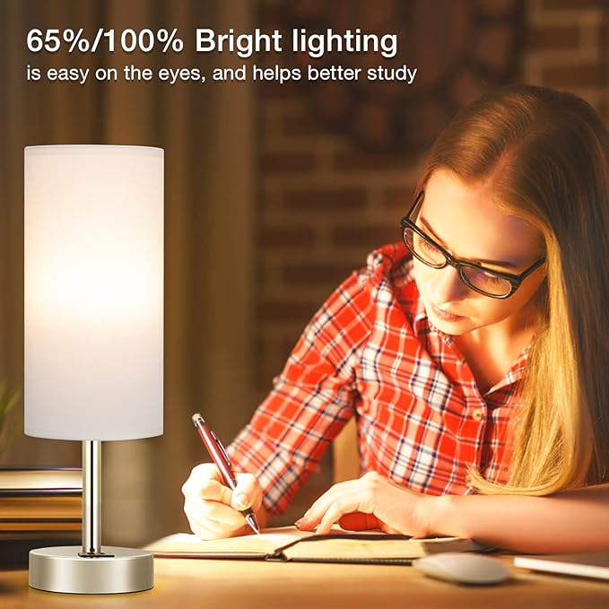 White Bedside Touch Table Lamps for Bedroom Nightstand with USB-C USB-A Charging Ports White, 3 Way Dimmable Control Small Lamp Silver Base for Office, Living Room, Reading - Bloomnest
