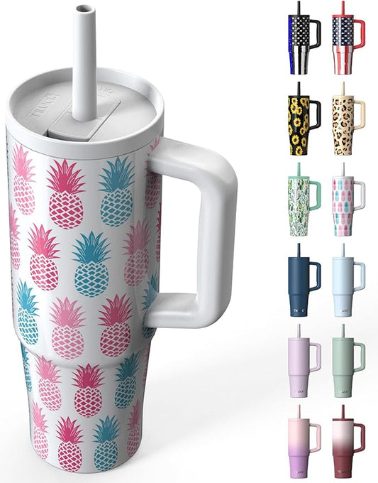 TILUCK 30 oz Tumbler with Handle, Vacuum Insulated Stainless Steel Travel Mug with 100% Leak-Proof Silicone Straw Lid, Cupholder Friendly Water Bottle(Pineapple, 30oz)