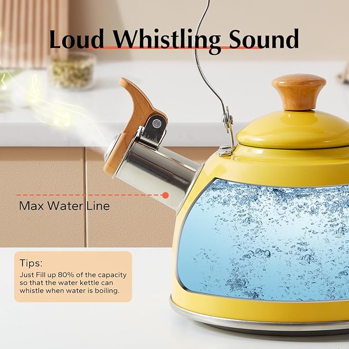 ROCKURWOK Tea Kettle, Tea Pot with Cool Touch Ergonomic Handle, Teapot Food Grade Stainless Steel, Tea Kettle Stovetop, Kettle Teapot, Whistling Tea Kettle, Small Tea Kettles, 1.6 Quart (Yellow) - Bloomnest