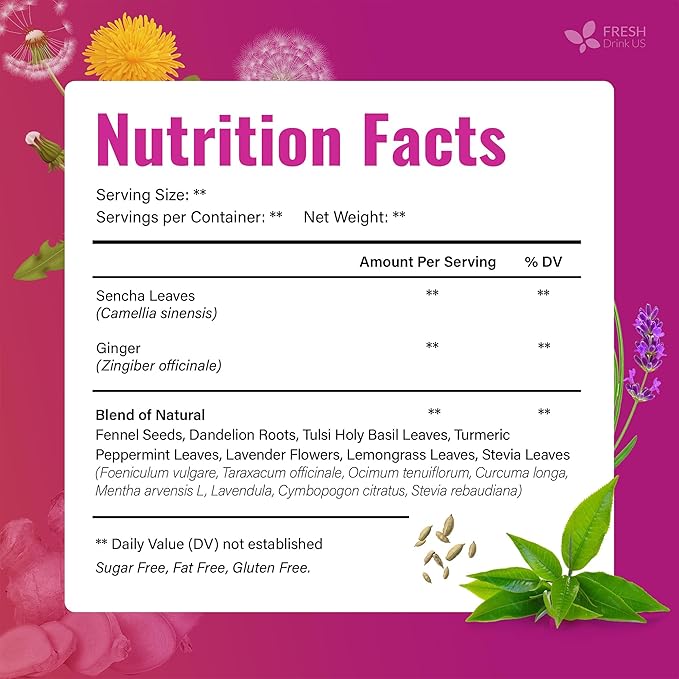 FreshDrinkUS, Premium Herbal Wellness Tea Bags | 75 Count | Blend of Sencha, Ginger, Fennel, Dandelion, Tulsi, Turmeric, Peppermint, Lavender, Lemongrass & Stevia – Herbal Tea. Vegan - Bloomnest