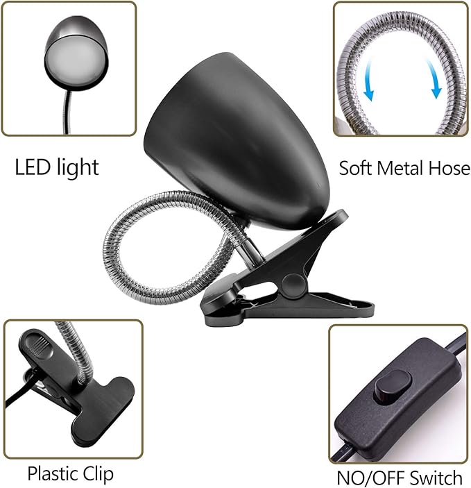 Clip on Light for Bed, Non-Dimmable Clip on Reading Light for Bed, 4000K Cool White, 3.5W 240 LM Desk lamp with clamp, Eye Protection, ETL Listed, Black - Bloomnest