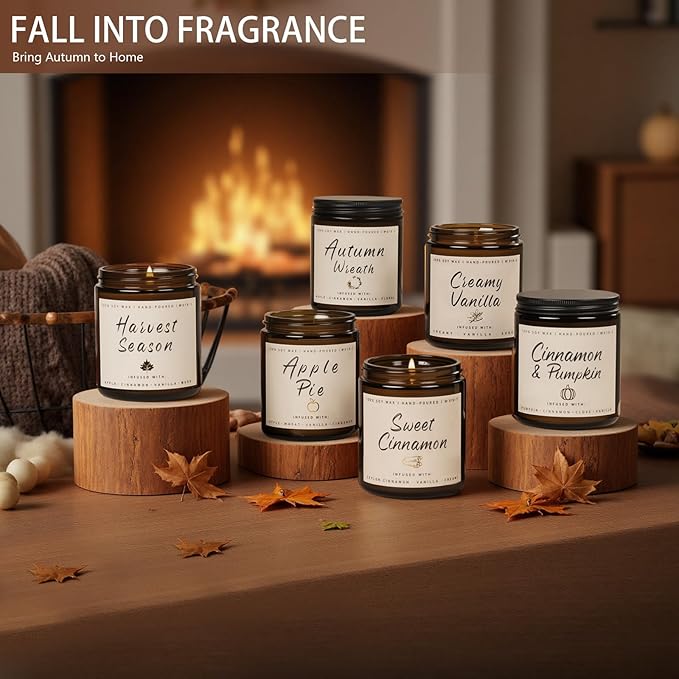 Auelife Fall Candles, 6 Pack Scented Candle Set, 42 oz Autumn Soy Candles for Home Scented, Fall Candle Gifts Set for Men and Women, Autumn Home Decor of Wreath/Apple/Latte/Harvest/Vanilla/Cinnamon - Bloomnest