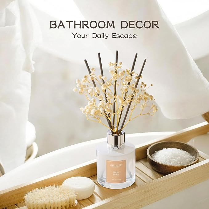 Airkeep Reed Diffuser Set,3.38 fl oz (100 ml) - Fresh Linen Oil Diffusers with 8 Reed Sticks, Home Fragrance Reed Diffuser for Bathroom Shelf Decor Airkeep