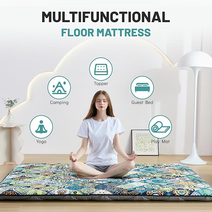 Japanese Floor Mattress Twin, Anti-Slip Japanese Futon Foldable Tatami Mat for Guests, Boho Green Checkered - Bloomnest