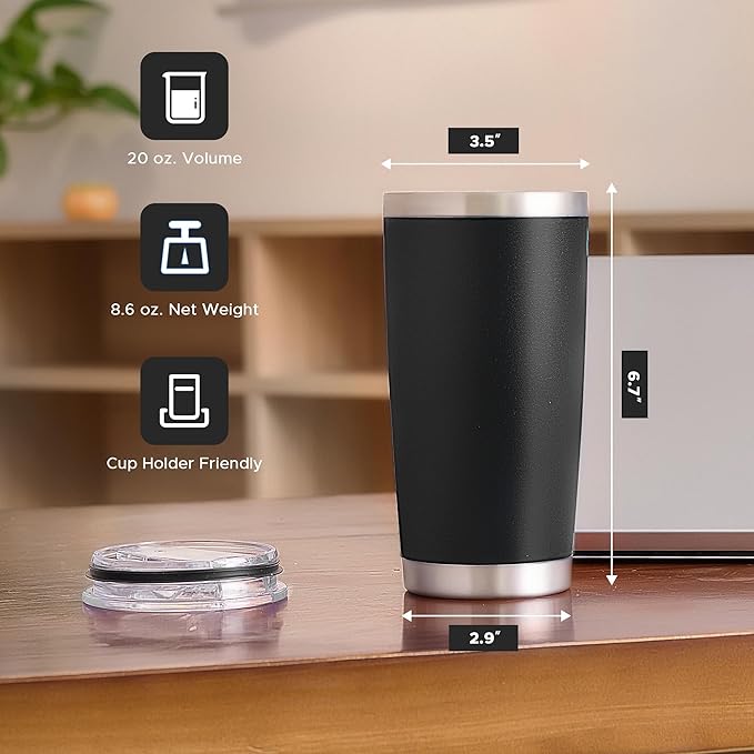 OMTech 20oz Tumblers Bulk, 6pc Stainless Steel Tumbler Set with Lid & Straw, Double Wall Vacuum Insulated Mug for Laser Engraver, Travel Coffee Mug for Hot & Cold Drinks, Black Powder Coated Cup - Bloomnest