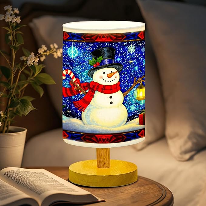 Cheerful Snowman Table Lamp LED 3-Color Pressed Bedside for Merry Christmas, Cheerful Snowman Shade Christmas Table Lamp with Wood Base for Bedroom Living Room Desk Office - Bloomnest