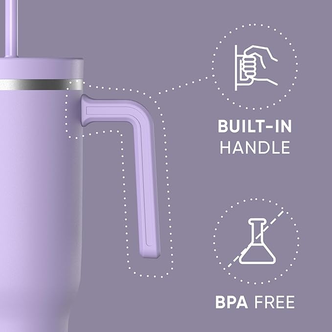 Hydrapeak Voyager 40 Oz Stainless Steel Tumbler with Handle, Insulated Water Bottle With Straw & Lid, Cupholder Friendly Reusable Travel Mug (Lavender) - Bloomnest