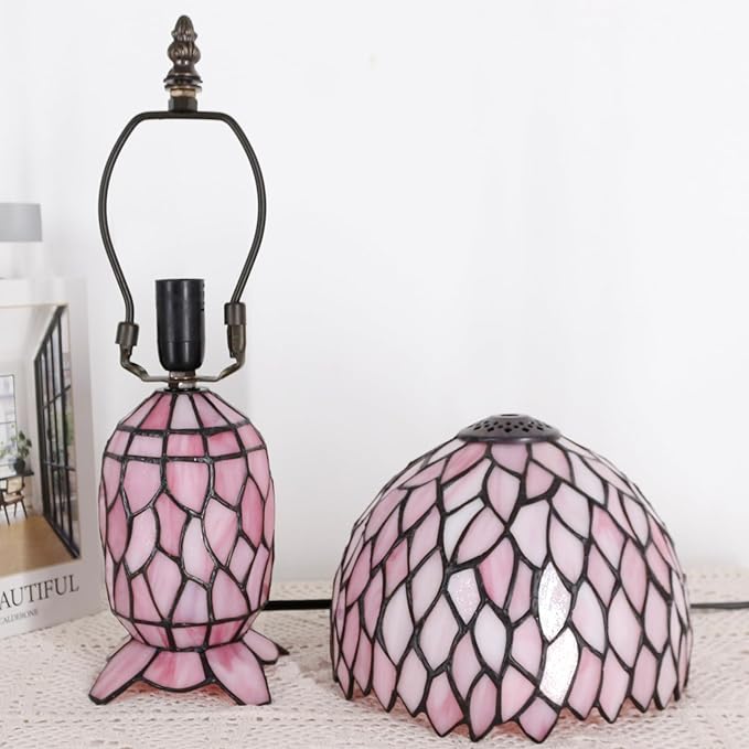 Small Tiffany Lamp Stained Glass Table Lamp Mini Mother Daughter Vase Desk Accent Night Light for Bedroom Bedside Reading Home Antique Style 8X14 Inches (Pink Wisteria) - Bloomnest