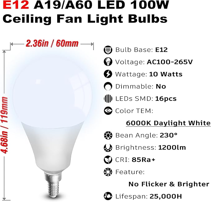 E12 100W Equivalent LED Candelabra Bulbs, E12 A19 A60 LED Ceiling Fixtures Light Bulbs 6000K Daylight White,Bright Small Candelabra Screw Base Globe Shape Chandelier Bulbs 10W 1200lm,Non Dimmable,3Pcs - Bloomnest
