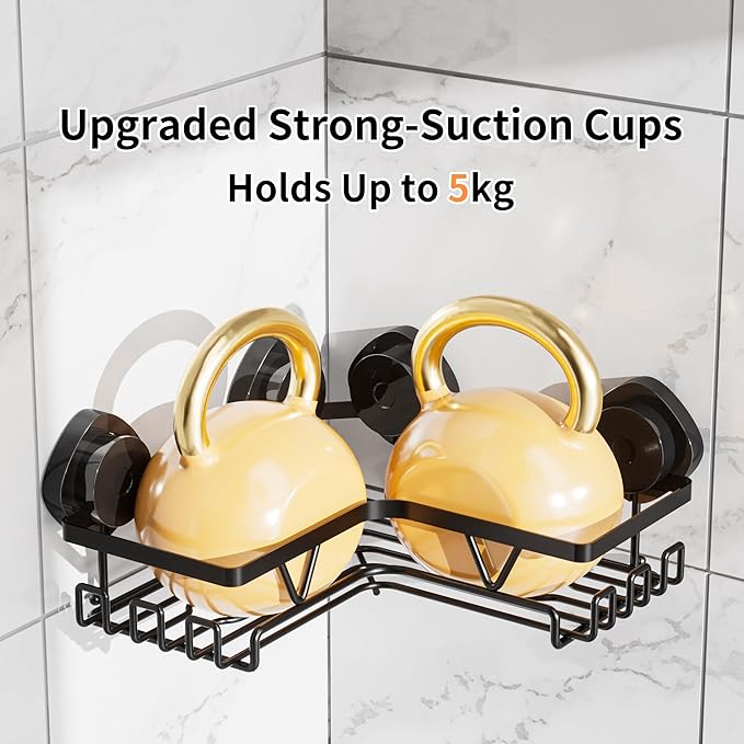 KEGII Corner Shower Caddy Suction Cup, Corner Shower Shelves with Soap Holder, No Drilling Suction Cup Bathroom Organizer with Hooks, Removable Bathroom Storage Rack, 3 Pack - Black - Bloomnest