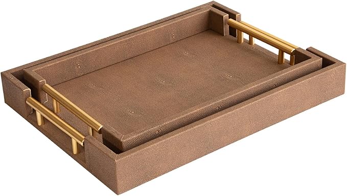 Set of 2 Decorative Tray Brown Shagreen Leather Tray, Modern Rectangle Serving Trays with Gold Polished Metal Handles, Ottoman Coffee Table Perfume Kitchen Trays Home Decor - Bloomnest