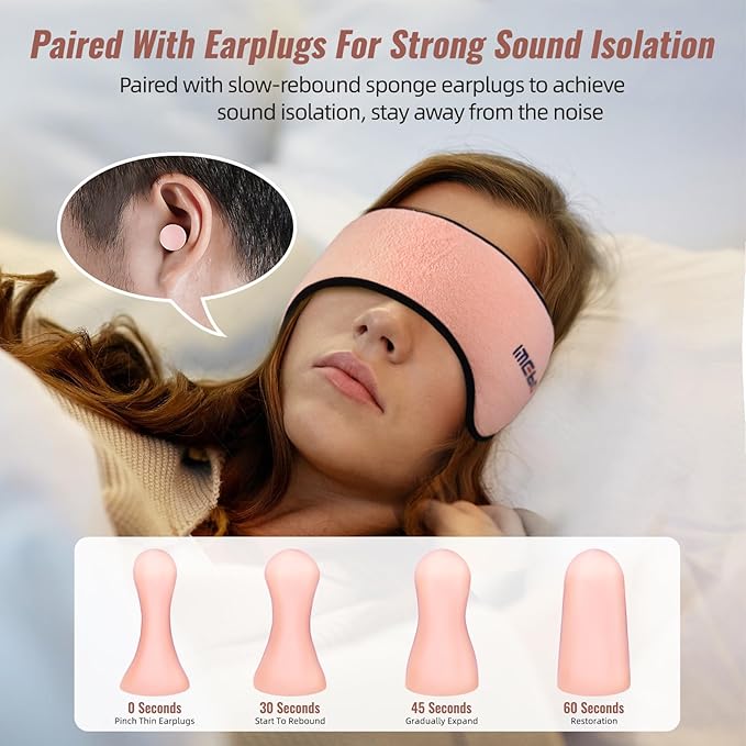 Plush Sleep Mask - Adjustable Headband, 2 in 1 Eye & Ear Mask for Men & Women, Soft Eye Cover for Side Sleepers (Pink) - Bloomnest