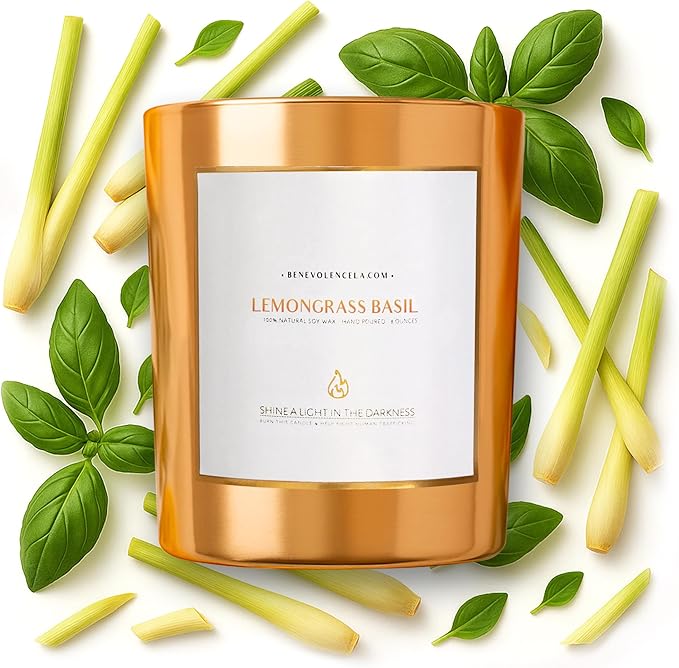 Benevolence LA Lemongrass & Basil Wood Wick Candles | Soy Christmas Scented Candles for Home | Holiday Candle Gifts for Women and Men | Home Fragrance | Aromatherapy | Shelf Decor | 8oz, 45 Hour Burn - Bloomnest