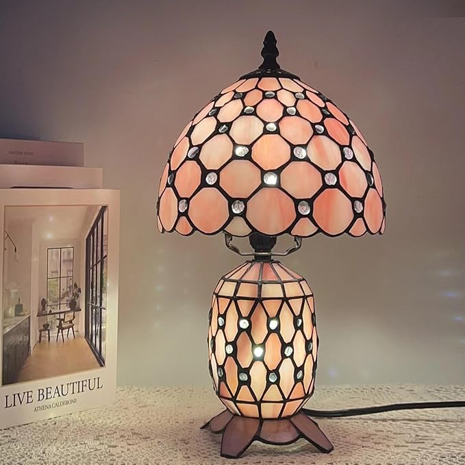 Small Tiffany Lamp Stained Glass Table Lamp Mini Mother Daughter Vase Desk Accent Night Light for Bedroom Bedside Reading Home Antique Style 8X14 Inches (Pink) - Bloomnest
