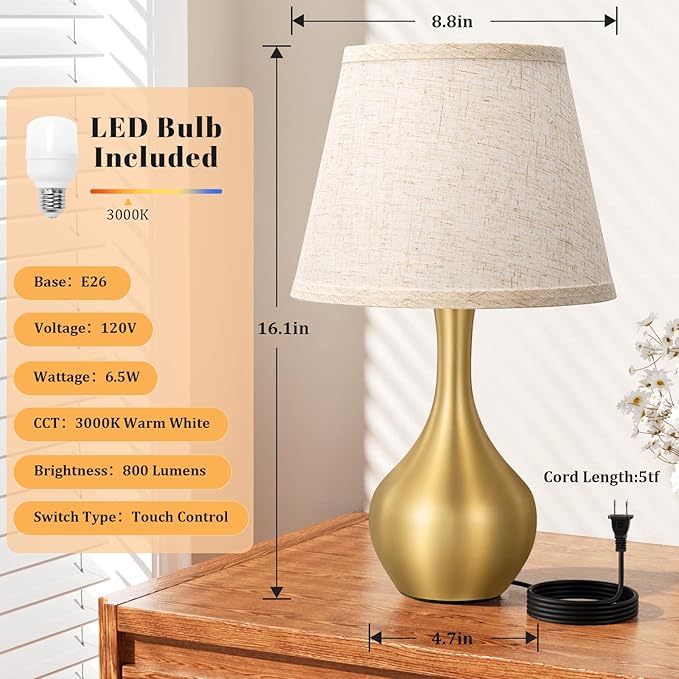 Seealle Touch Table Lamp for Bedroom, 3-Way Dimmable Small Bedside Lamps for Night Stands with Wires, Gold Desk Lamp for Kids Room, Office, Living Room, End Table(LED Bulb Included) - Bloomnest