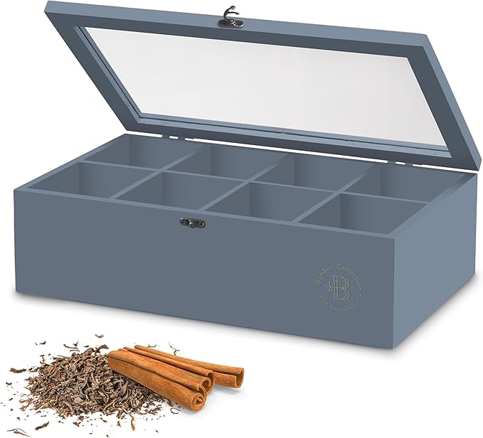 Tea Bag Organizer - Grey Bamboo Tea Box Organizer Storage Box, Tea Bag Holder with Acrylic Window, Magnetic Lid Keeps Tea Bags Fresh - Tea Organizer Caddy (Tea Not Included) Christmas Gift - Gray - Bloomnest