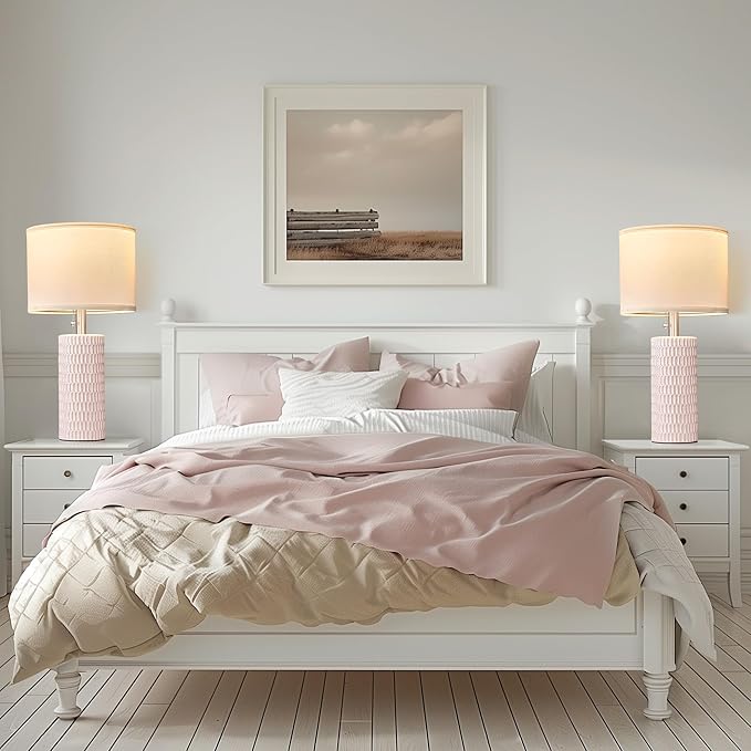 Table Lamps for Living Room Set of 2, Ceramic Table Lamps for Bedroom, 20" Modern Lamps for Night Stands, Pink - Bloomnest