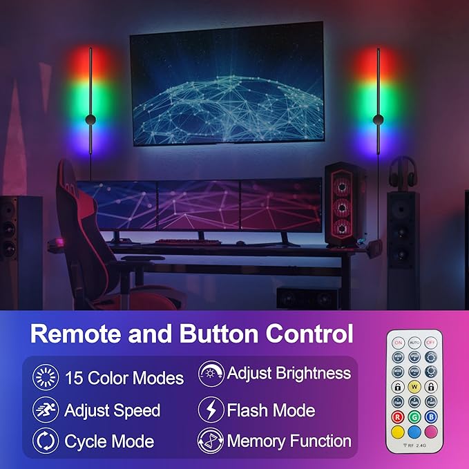 RGB LED Wall Sconces Set of Two with Remote, 15 Color Modes, Dimming, DIY 180° Rotate, Black Plug in Wall Sconces with Warm Light, Dynamic Multicolor Ambience Lights, Plug in Wall Light, 23.6 Inches - Bloomnest
