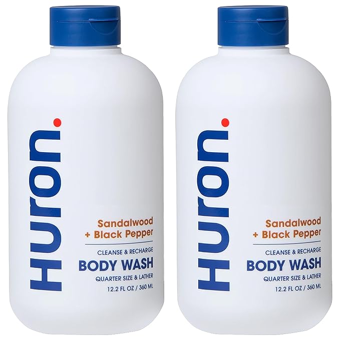 Huron Men’s Moisturizing Body Wash - Clean & Woody Scent of Sandalwood, Black Pepper, Cedarwood, & Amber - Made With Coconut Oil, Vitamin E & Witch Hazel - Vegan, Cruelty-Free - 12.2 fl oz (2 Pack) - Bloomnest