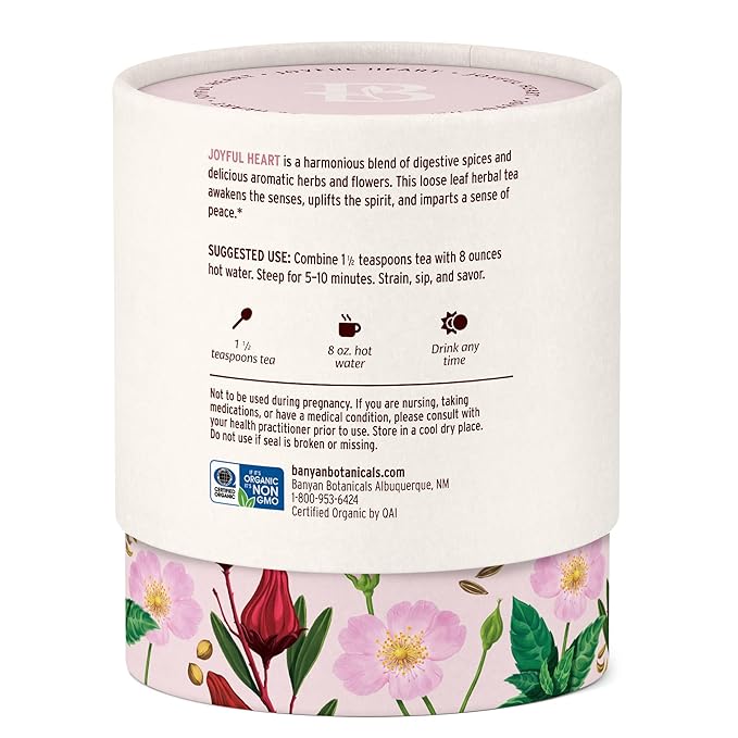 Banyan Botanicals Joyful Heart CCF Tea Loose Leaf Organic Herbal Tea Uplifting and Aromatic with Hibiscus, Tulsi, and Rose 1.5 oz. Non-GMO Sustainably Sourced - Bloomnest