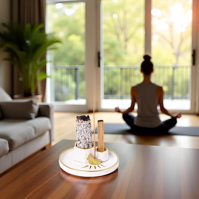 Ceramic Incense Holder Burner, Sage Holder for Burning, Palo Santo Sticks Holder, 5.51" Ash Catch Tray, Smudge Dish for Meditation Yoga, Modern Home Decor Gift - Bloomnest
