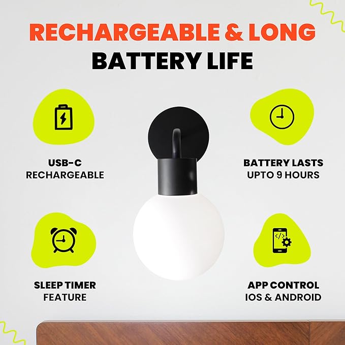 Wireless Wall Sconce (Shark Tank) Rechargeable & Dimmable LED Light w/App Control & Damage-Free Install, Moveable Modern Ambient Lighting for Elegant Home & Bedroom Decor | Matte Black - Bloomnest