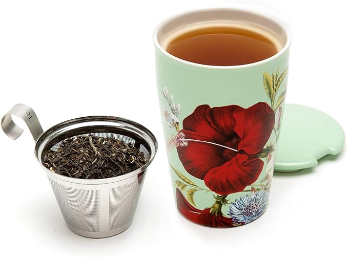 Tea Forte Double-Walled Ceramic Kati Cup, Removable Stainless Steel Infuser Basket and Lid, Steeps 12 oz Loose Leaf Tea, Dishwasher & Microwave Safe, Fleur - Bloomnest