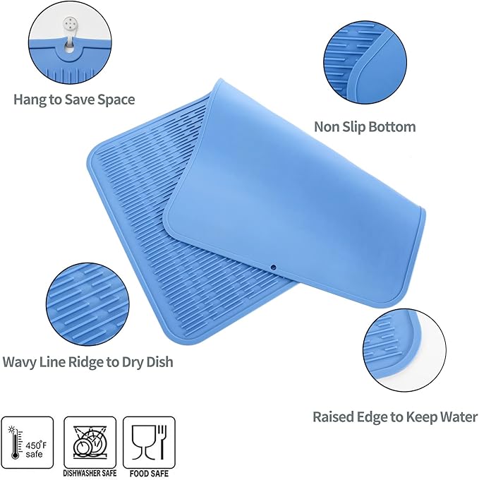 Silicone Dish Drying Mat for Multiple Usage,Easy clean,Eco-friendly,Heat-resistant Silicone Mat for Kitchen Counter or Sink,Refrigerator or Drawer Liner Lichen BlueL 4XL 32 inches x 18 inches - Bloomnest