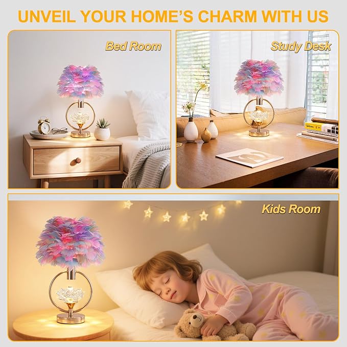 Colorful Feather Lamp Unique Feather Bedside Nightstand Light Goose Furry Desk Lamp Romantic Atmosphere Table Lamp for Girl Bedroom Wedding Decor Living Room Hotel 17IN - Bloomnest