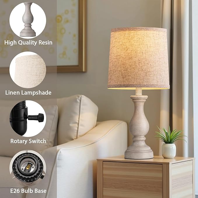 Seealle Farmhouse Table Lamps Set of 2 - Rustic Bedroom Lamps for Living Room, 22" Boho Bedside Lamp for Night Stands End Table Office Desk Lamp Nightstand Clearance Decorating with Linen Shades - Bloomnest
