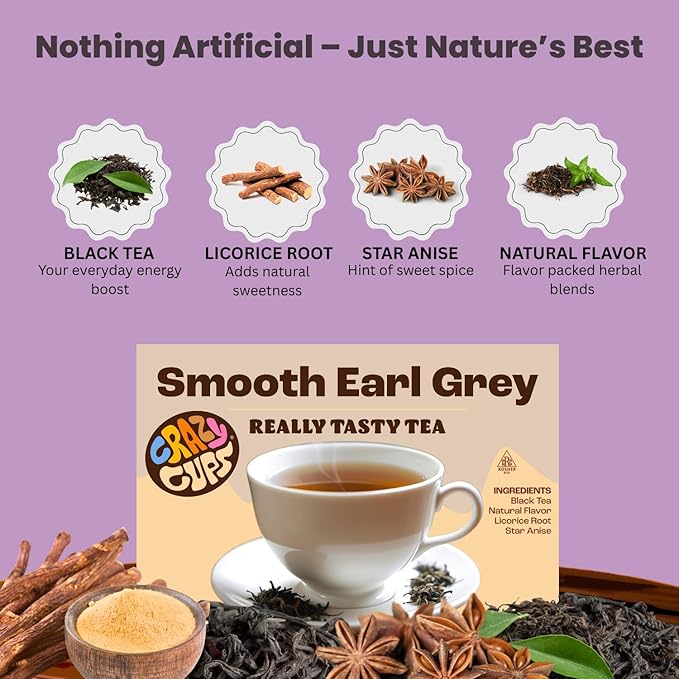 Crazy Cups Smooth Earl Grey Tea Pods, 22 Count | Kosher Certified Black Tea Blend with Licorice Root & Star Anise, K Cup Compatible, Bold Bergamot Flavor, Gluten Free, Vegan - Bloomnest