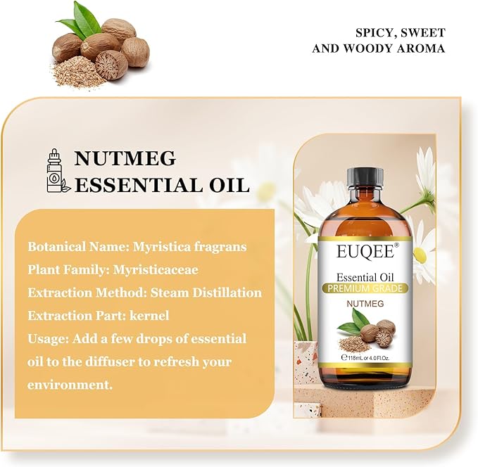 EUQEE Nutmeg Essential Oil 118ML Large Capacity Nutmeg Oil Premium Aromatherapy Essential Oils with Glass Dropper for Candle Making, Soap Making-4oz - Bloomnest
