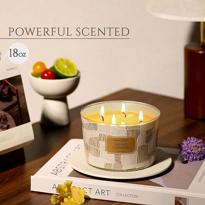 HomeLights Soy Wax Candles for Home Scented, 4-Wick Candles in Salted Caramel Scented, Rustic Modern Aromatherapy Candles Gift for Parties, Relaxing, 18oz - Bloomnest