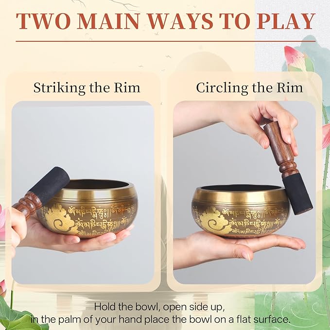 AKLOT HandMade Meditation Singing Bowl: Tibetan Sound Bowl Set with Pure Tone, Sound Bath Bowl with Cushion, Mallet, Carry Bag, Spiritual Gift for Chakra Clearing, Yoga, Prayer, Relaxation (5 Inch)