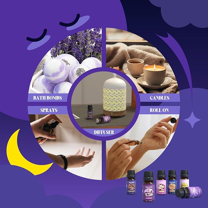 SALKING Sleep Essential Oils Set, Pure and Natural Essential Oils, Fragrance Oil Scented Oils for Oil Diffusers 6 x 10 ML - Lavender, Vetiver, Sandalwood, Valerian, Helichrysum, Benzoin… - Bloomnest