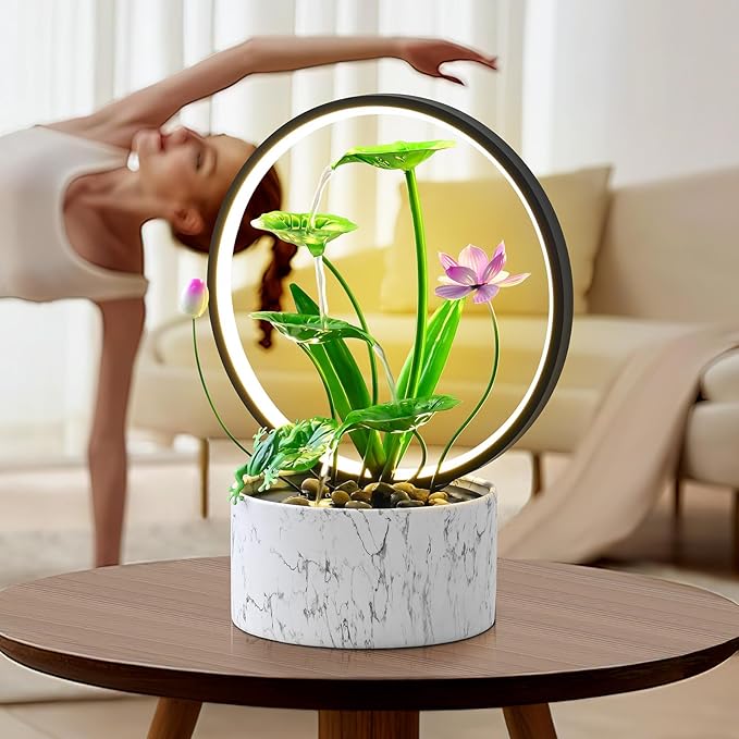 Green Desktop Waterfall Style Indoor Fountain, Medium-Sized Metal Strip LED Light Relaxation Fountain, Zen Relaxation Water Feature Fountain - Bloomnest